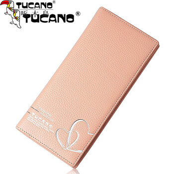 Woodpecker (tucano) women's wallet long thin leather new style fashion simple first layer cowhide women's wallet student wallet pink love style