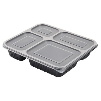 Flyer disposable fast food box compartment packed lunch box large capacity lunch box large four compartments black bottom + transparent lid 400 sets