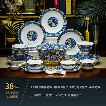 Chuanshi porcelain household 2023 new bone china tableware set, high-end and light luxury, jingdezhen enamel color ceramics bowl and plate set, 36-piece gift box with thousands of flowers and cloisonne