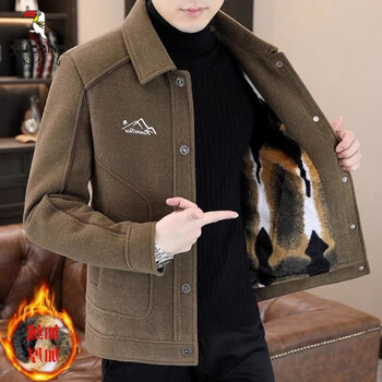 Woodpecker (tucano) winter warm velvet thickened woolen coat men's lapel slim jacket men's short casual woolen coat 7365# coffee color thickened velvet l 110-130