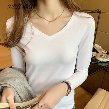 Qiji solid color v-neck bottoming shirt for women spring and autumn new style inner slim fit versatile fashionable long-sleeved top