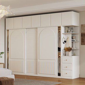 Laiyi aijia wardrobe cream style french sliding door cabinet home bedroom cabinet economical high-end small apartment simple large wardrobe 2.4 meters long wardrobe + 70 high top cabinet