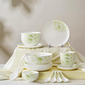 Huaguang chinese porcelain bowls, plates and tableware set, antibacterial tableware and dishes set, wedding housewarming, national beauty and fragrance, green peony, 10 people, 54 heads