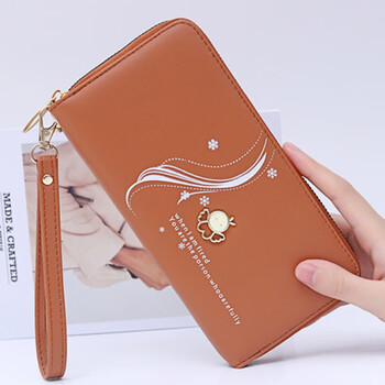 Kuqi kangaroo qixi wallet women's long simple fashion zipper bag can hold mobile phone clutch mother bag large capacity wallet brown liuhua wallet