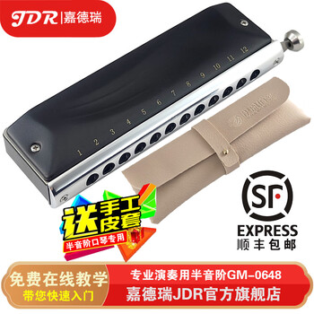 Jdr imported gongs, classic professional chromatic harmonica in c key gm-0648 for beginners, advanced performance, 12 holes, standard scale, matte black + 15 pieces of gifts