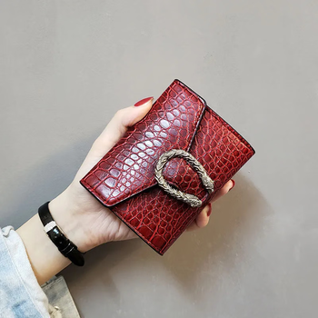 Qingou's new ins dionysus crocodile pattern women's wallet women's short three-fold small wallet women's coin purse card holder wallet ayx upgraded crocodile pattern wine red