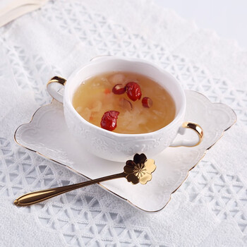 Jiayi kitchen european-style embossed ceramic bird's nest bowl, dessert bowl, double-ear bowl, household bird's nest stew bowl, sugar water bowl, oatmeal bowl, steamed egg bowl, white gold double-ear bowl + platinum square plate + gold leaf spoon