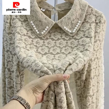 Pierre cardin temperament velvet thickened lace bottoming shirt for women autumn and winter 2024 new versatile beaded doll collar long-sleeved top camel velvet xl