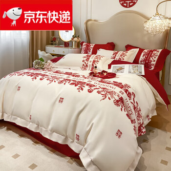 Mercury series wedding four-piece set big red cotton wedding room bedding sheets chinese style pure cotton alice-white 1.5 bed sheet style four-piece set-quilt cover 200*230cm