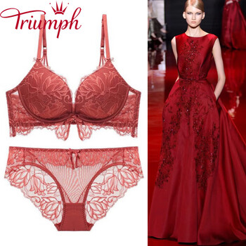 Triumph bra set 2025 new style french women's top thin and bottom thick small breast push-up adjustable bra without steel ring brick red 75a