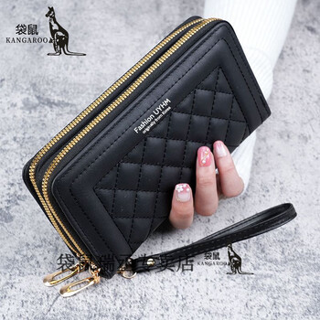 Kangaroo wallet women's 2023 new long style women's hand-held korean style casual mobile phone bag double zipper wallet large capacity card holder black