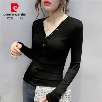 Pierre cardin low-neck bottoming shirt for women long-sleeved ins spring and autumn style inner top niche design v-neck slim t-shirt trendy black 2xl