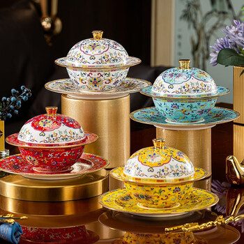 Mochi palace enamel high-end hotel club stew cup with lid saucer soup bowl health bird's nest cup dessert bowl tableware for home use imperial yellow lotus ingot stew cup