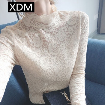 Xiong diming's high-end stretchy style lace shirt long-sleeved t-shirt women's autumn and winter new bottoming shirt small shirt half turtleneck inner top apricot spring and autumn style l