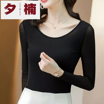 Xinan mesh bottoming shirt with spring and autumn v-neck western style slim top for women new fashion long-sleeved t-shirt for women black round-neck 2xl recommended 125-140 pounds