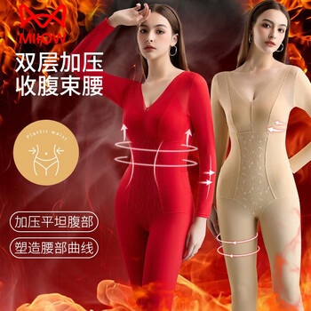 Miiow autumn and winter warm one-piece body shaping garment postpartum tummy control corset long sleeves long pants body shaping body sculpting underwear back release no bra underwear chinese red 3xl (161-175 catties)