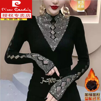Pierre cardin de velvet muscle bottoming shirt women's winter new personalized fashion bottoming shirt women's western style half-high collar hollow inlay plus velvet bottoming shirt women's autumn and winter inside black winter thickened m recommended within 100 jin