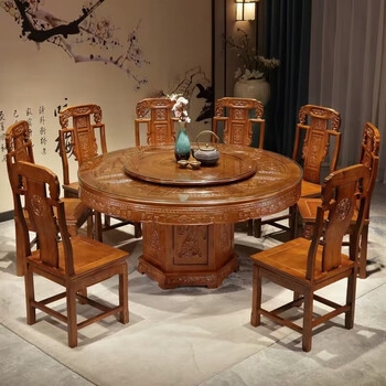 Yuewen guangdong foshan all solid wood dining table antique carved gold rosewood large round table with turntable 10 people walnut color free turntable + tempered glass 1.6 meters 1 table + 10 elephant head chairs