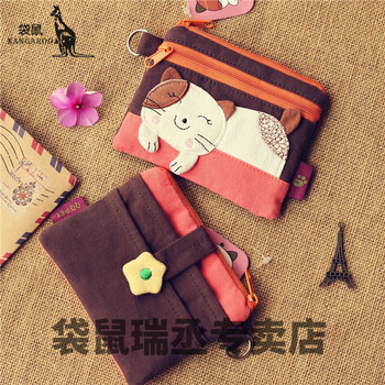 Kangaroo women's short wallet cute cat multi-layered zipper coin key bag canvas art women's mini short coffee single cat keyless ring four layers