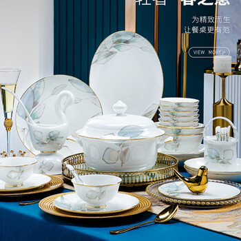 Hand-made porcelain jingdezhen bone china tableware and dishes set for home new high-end light luxury ceramic bowls and chopsticks plate housewarming spring 56-piece upgrade with rich pot 56-piece set