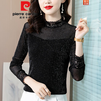 Pierre cardin lace mesh bottoming tight top stand collar women's long sleeve this year's popular beautiful t-shirt western style shirt spring and autumn black l
