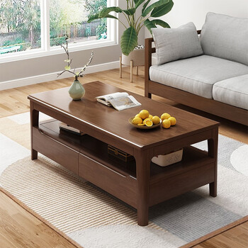 Yisi chu nordic solid wood coffee table living room small apartment simple modern new chinese style home tea table double layer tea table with drawers 1.2 meters four-drawn walnut color