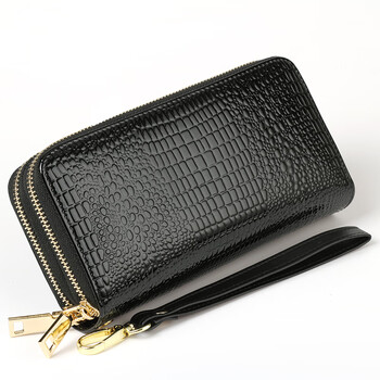 Woodpecker (tucano) 2024 new double zipper wallet women's long large-capacity clutch double-layer wallet bright leather coin purse simple black crocodile pattern