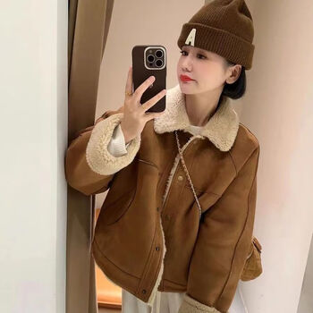 Yu zhaolin maillard autumn and winter new fur one-piece lamb velvet jacket for women small lamb thickened hot style loose and warm khaki m recommendation 100-115