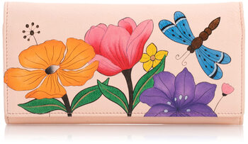Anna by anuschka women's hand-painted genuine leather wallet dragonfly garden style 12 card slots multifunctional folding