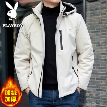 Playboy jacket men's autumn and winter casual hooded velvet thickened warm top jacket for young and middle-aged people khaki xl