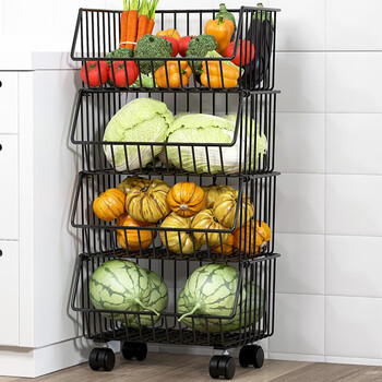 Lin jia boy vegetable storage rack kitchen multi-functional storage rack household floor-to-ceiling all-in-one vegetable basket storage rack black large size - four layers with wheels