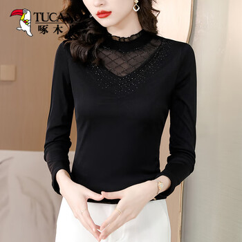 Woodpecker autumn style lace black bottoming shirt women's spring and autumn 2025 new long sleeve t-shirt autumn mom autumn top black xl 116-125 jin