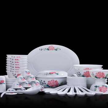 Qianhong kiln underglaze colorful hibiscus flower chinese style ceramic tableware hand-painted flower surface ceramic tableware set hand-painted tableware set gift box packaging 55 pieces of hibiscus tableware