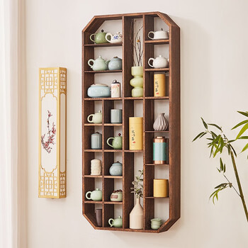 Muyibo ancient rack partition solid wood tea cup rack wall storage rack teapot rack display rack tea storage rack 126*13*58 bevel