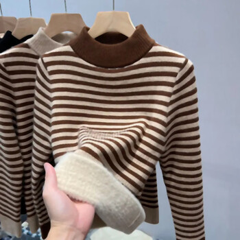Mai snowman half turtleneck bottoming shirt for women 2025 new autumn and winter plus velvet to keep warm classic striped print inside and outside top trendy coffee color plus velvet thickening l recommended within 95-110 pounds