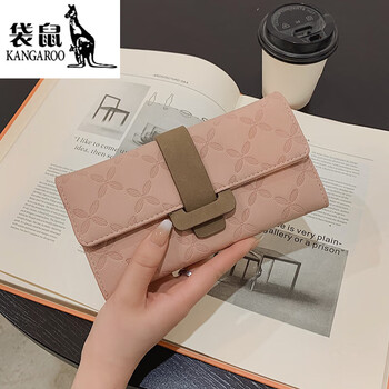 Kangaroo (kangaroo) women's wallet women's long new fashion buckle clutch women's large capacity multi-card slot can hold mobile phone handbag trendy pink