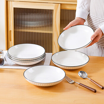 Hechuanwu ceramic plate 8-inch pure white simple plate household vegetable plate soup plate 6 pieces vertical black line