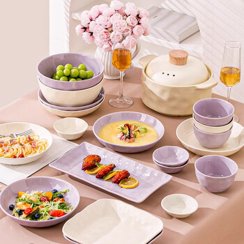 Cute bear tableware set home complete set of tableware and plates housewarming gift nordic cream small fresh high-end tableware set milk purple mixed color-4 persons 26-piece set (gift box) product accessories details see picture 2