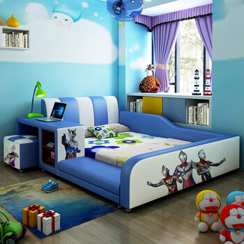 Stupid xiaolong children's bed boy cartoon with desk bed boy solid wood ultraman children's fun children's furniture bumpman bed + 22cm spine protecting brown mattress 1.35*1.9 meters