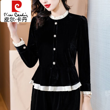 Pierre cardin french stand-up collar gold velvet bottoming shirt for women, autumn and winter 2023 new style fashionable waist-skirt and belly-covering top, black 2xl