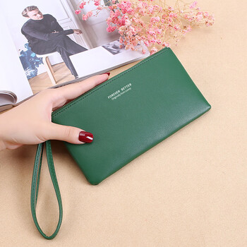 Shu guo er korean style fashion wallet for women long thin zipper solid color simple large capacity multi-card slot clutch wallet for women green