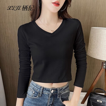 Qiji v-neck bottoming shirt for women spring and autumn new black long-sleeved t-shirt high-waisted slim-fitting short crop top black s