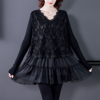 Ajuku lace shirt women's 2025 spring new loose fake two-piece v-neck mid-length top fashionable european style black 5xl recommended 170-210 pounds high quality