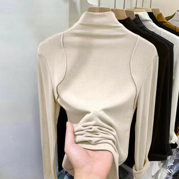 Jukayi thickened german velvet bottoming shirt for women, new half turtleneck autumn and winter long-sleeved top, slim and fashionable western style t-shirt, apricot l, recommended 95-110 pounds
