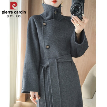 Pierre cardin temperament high collar double-sided cashmere coat women's mid-length thickened 100% wool coat women's wool coat women's two-wear style smoke gray s