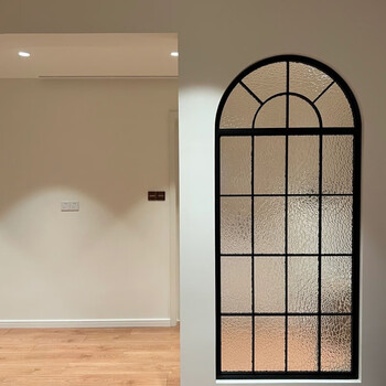 Vinoa retro iron fake window screen indoor loft decoration fixed entrance changhong glass partition arched window customization default black 120*200 with water ripples