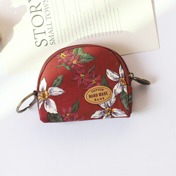 Fabric simple retro forest style pastoral style coin purse women's small mini zipper flower pattern student cute korean version wallet 0137 maroon semicircle-small flower