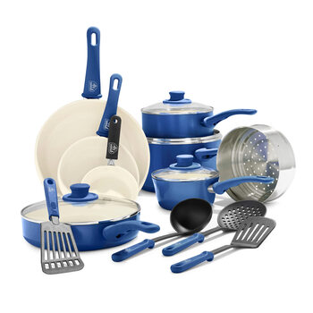 Greenlife 16-piece ceramic non-stick cookware set, non-toxic and healthy, blue kitchen essentials
