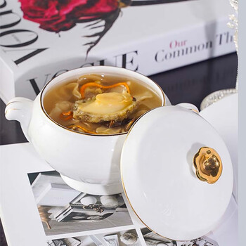 Ingri luxury water-proof stew pot ceramic home hotel buddha jumping over the wall bird's nest dessert bowl stew soup steaming position soup cup with lid 6.5-inch fulinmen soup cup - pure white and gold