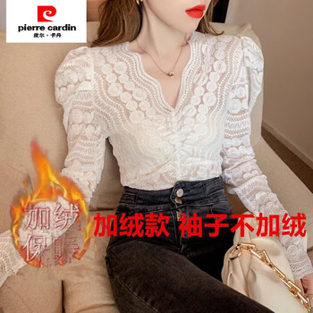 Pierre cardin velvet/non-hollow v-neck lace bottoming shirt for women new autumn and winter sexy shirt slim fit top trendy white style velvet 2xl recommended 120-135 pounds